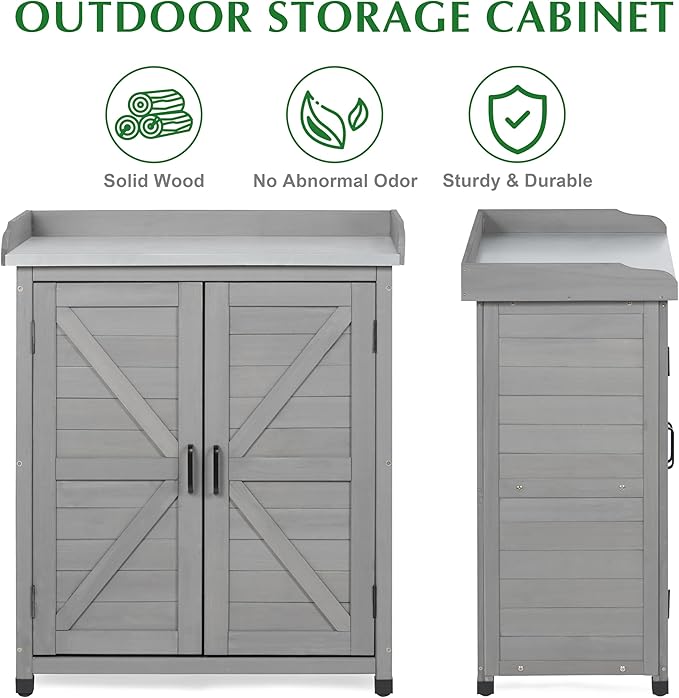 Outdoor Storage Cabinet & Potting Bench Table with Metal Top, Wooden Patio Furniture, Garden Workstation (Classic Grey, 39x31.5x17in)