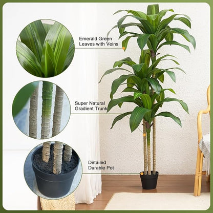 Artificial Dracaena Tree, 5FT Tall Fake Plants with UV Resistant Leaves, Faux Tropical Yucca Trees for Indoor Outdoor, Potted Large Floor Plant for Home Decor Living Room Porch, VN123