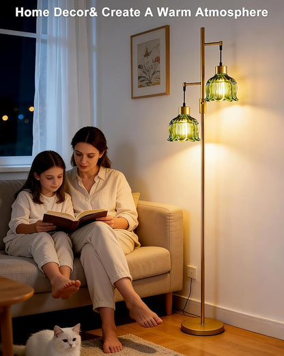 Lightdot 2- Light Gold Flower Floor Lamp, 65IN Green Glass Floor Lamps with 3000K Warm White Bulbs, Modern Standing Tall Lamp with 5Lbs Heavy Base for Living Room Bedroom Home Office Sofa Beside