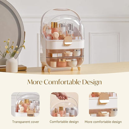 Makeup Organizers, Make Up Organizers for Vanity, Countertop Cosmetic Storage with Drawers and Transparent Cover for Bedroom Bathroom (Pearl White)