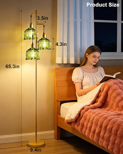 3-Light Modern Glass Floor Lamp, Gold Standing Tall Lamp with Green Vertical Rib Glass Shade for Reading, Dimmable LED Floor Lamp with 5Lbs Heavy Base for Living Room Bedroom Home Decor, Bulb Included
