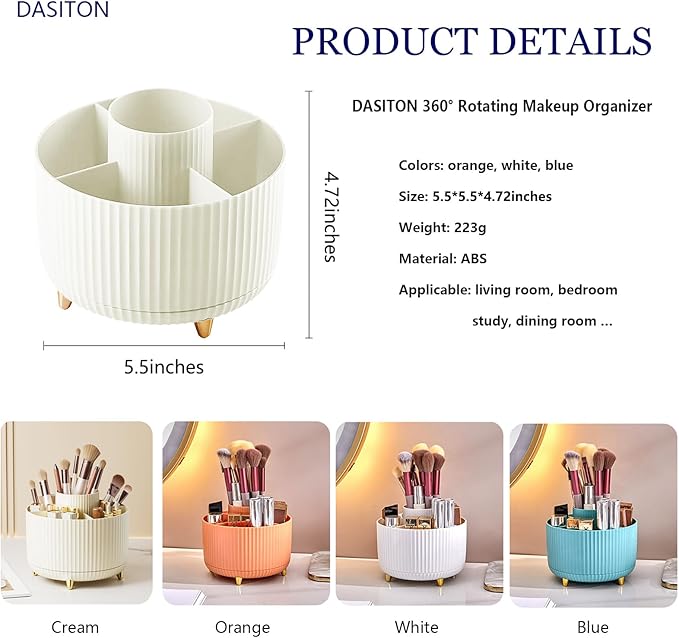 DASITON Large Capacity Makeup Brush Holder,360° Rotating Makeup Organizer,5 Slot Makeup Brushes Cup,for Vanity Decor,Bathroom Countertops,Desk Storage Container,Cosmetic Display cases(Cream)