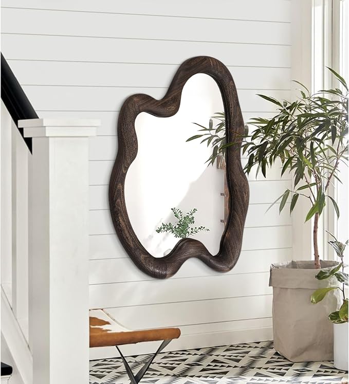 AAZZKANG Large Wall Mirror with Wood Framed 24"x16" Vintage Irregular Wall Mirror Asymmetrical Hanging Mirror for Bathroom Bedroom Living Room Entryway Brown