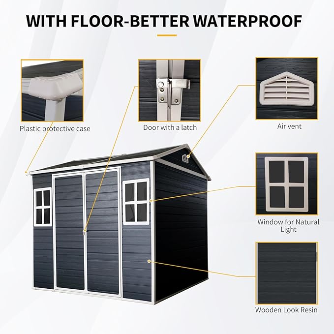 8x6 FT Outdoor Storage Resin Shed with Floor, Plastic Garden Bike Shed with Sloped Roof, Lockable Door & Windows, Easy to Assemble Tool Shed for Lawn, Backyard, Patio, Black