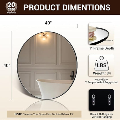 ANDY STAR Round Black Mirror for Bathroom, 40" Large Bathroom Mirrors for Over Sink, Anti-Rust Modern Wall Mirror,1 Inch Deep Set Design, Heavy Duty, 4MM HD Glass, 9MM Thicker Backboard