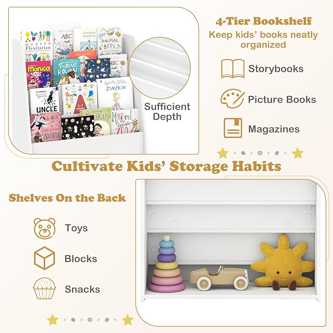 GLACER 4-Tier Kids Bookshelf, Wood Toddler Bookcase with Deep Magazine Display Shelf & Back Storage Space, Children Storage Organizer for Nursery, Playroom, Kids Bedroom, Classroom (White)