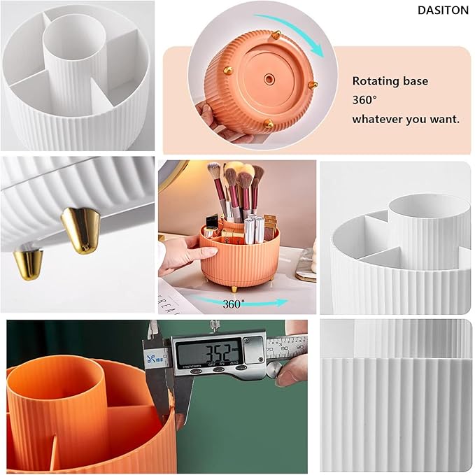 DASITON Large Capacity Makeup Brush Holder,360° Rotating Makeup Organizer,5 Slot Makeup Brushes Cup,for Vanity Decor,Bathroom Countertops,Desk Storage Container,Cosmetic Display cases(Cream)