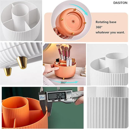 DASITON Large Capacity Makeup Brush Holder,360° Rotating Makeup Organizer,5 Slot Makeup Brushes Cup,for Vanity Decor,Bathroom Countertops,Desk Storage Container,Cosmetic Display cases(Cream)