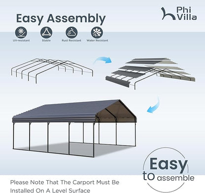 PHI VILLA 2 car Metal Carports 20 x 20 ft Carport with Galvanized Steel Roof, Sturdy Heavy Duty Metal Carport for Cars, Boats, and Tractors