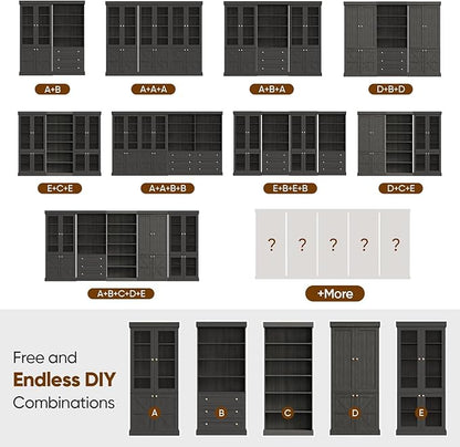 Vyre 70.8" Tall Farmhouse Bookshelf, Modular Bookcase with Glass Doors, 6-Tier Adjustable Shelves, Large Storage Cabinet for Kitchen, Living Room, Black, Set of 4