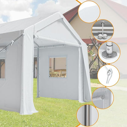 12x20ft Heavy Duty Carport Outdoor Canopy Portable Garage with 4 Doors & 4 Windows Waterproof UV Resistant Storage Shelter with Removable Sidewalls for Car Truck Boat, White