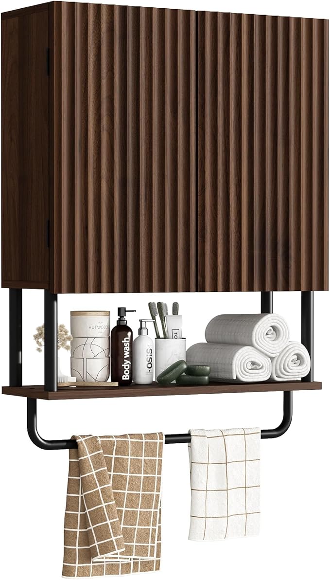RUSTOWN Fluted Bathroom Wall Cabinet with 2 Doors, 3-Tier Modern Farmhouse Medicine Cabinet, Over The Toilet Storage Cabinet with Adjustable Shelf and Towel Bar (Dark Walnut, Medium)