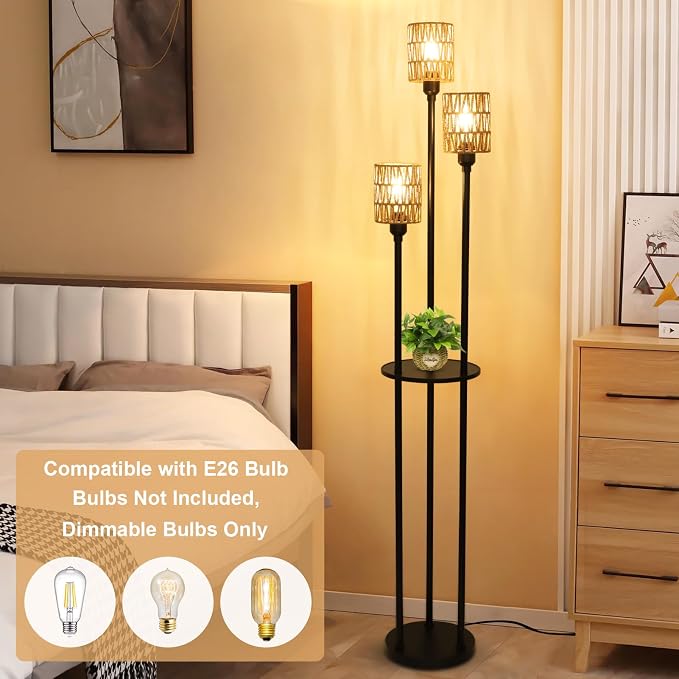 Dimmable Boho Floor Lamps for Living Room, 3-Lights Farmhouse Floor Lamp with 3-Way Foot Switch, Rattan Floor Lamp with Shelves, Rustic Standing Lamp with Rattan Shades, Tall Lamps for Bedroom