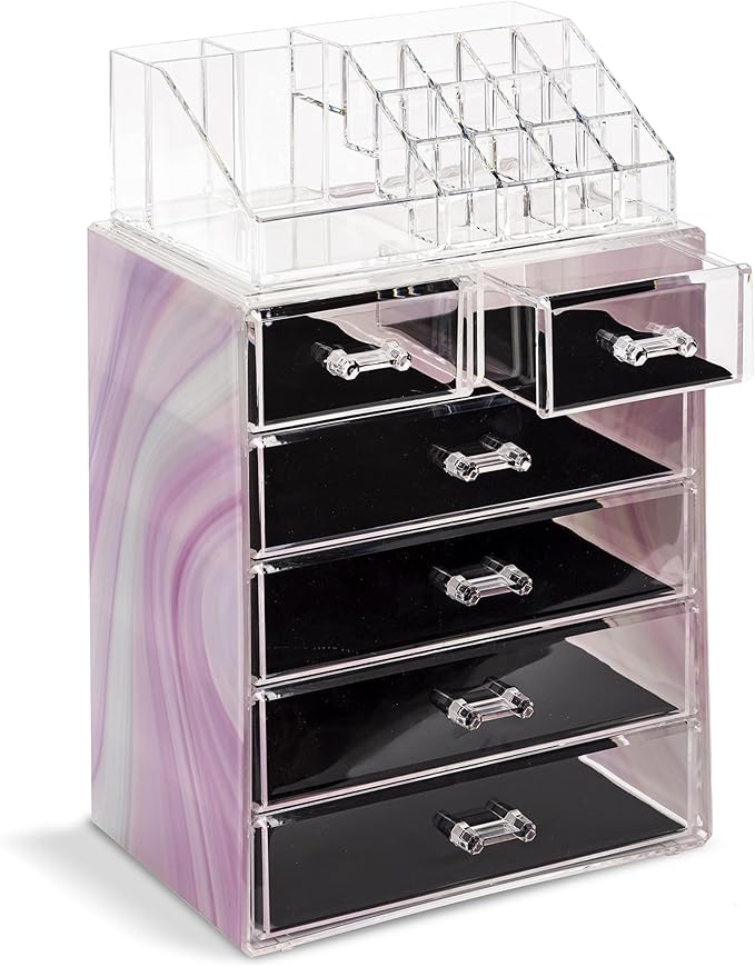 Sorbus Clear Cosmetic Makeup Organizer - Make Up & Jewelry Storage, Case & Display - Spacious Design - Great for Dresser, Bathroom, Vanity & Countertop (4 Large, 2 Small Drawers) [Tie Dye Print]