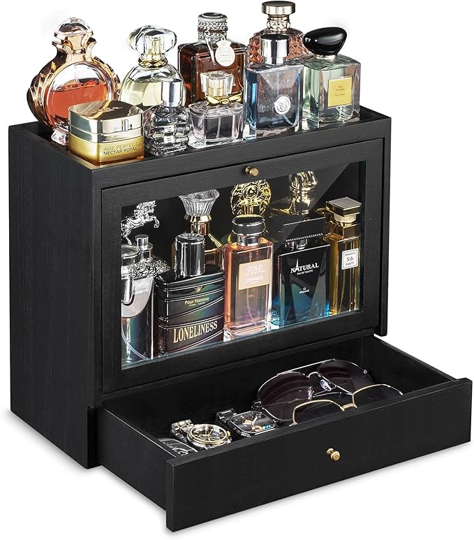 Cologne Organizer for Men, Solid Wood Perfumes Organizer for Men Dresser, Large Capacity Dustproof Cologne Holder with Drawer Storage Perfume Stand Organizer, Ideal Gift for Loved ones