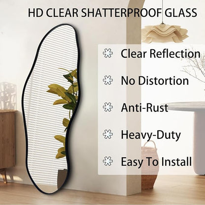 Irregular Wall Mirror, 47"x20.5" Asymmetrical Decorative Accent Mirror with Black Metal Frame, Organic Shape Mirrors for Entryway Bedroom Living Room, Horizontal or Vertical Hanging