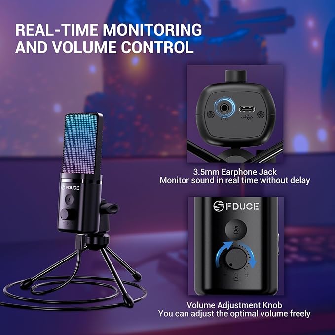 FDUCE Gaming USB Microphone for PC, RGB Condenser Computer Mic