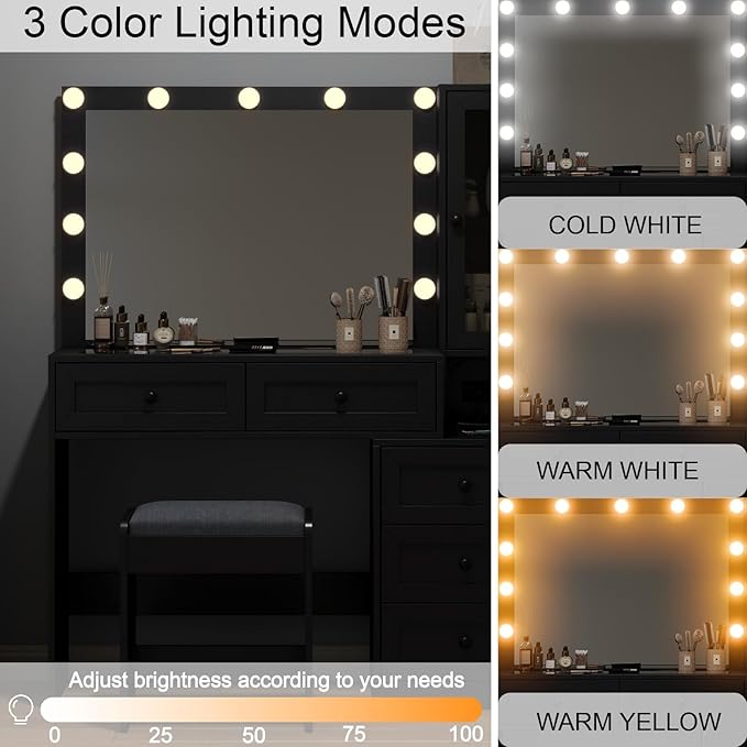 43" W Vanity Desk with Mirror & 11 Lights, 5 Drawer Modern Makeup Desk with Glass top & Cushioned Stool, 3 Lighting Modes Brightness Adjustable,Power Outlet,Bedroom，Black