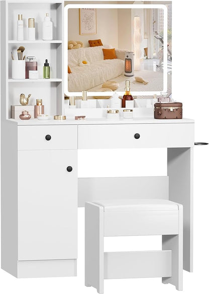 Vanity Desk with Mirror and Lights, 3-Color Lights Adjustable Brightness, White Vanity Makeup Desk with Drawer & Charging Station, Large Dressing Table Make Up for Bedroom