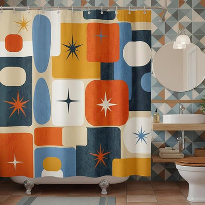 Mid-Century Modern Geometric Shower Curtain, Retro 1950s Atomic Starburst & Abstract Shapes, Vintage Orange Navy Blue Mustard Yellow Aesthetic Bathroom Decor, Waterproof Fabric, 72x72 Inch.
