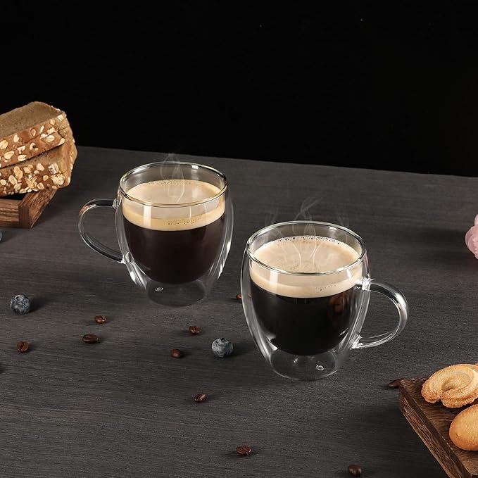 Aurzen 2 Pack Double Walled Glass Coffee Mugs with Handles 8.5oz, Large Insulated Layer Coffee Cups, Clear Borosilicate Mugs, Perfect for Cappuccino, Tea, Microwave Safe (8.5oz-2Pack)