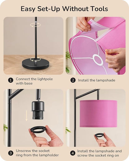 EDISHINE Modern Floor Lamps for Living Room, 64.7" Minimalist Standing Lamp with 3 Color Temperatures Bulb & Adjustable Linen Shade, Foot Pedal Switch, Arc Tall Lamp for Office Bedroom, Pink