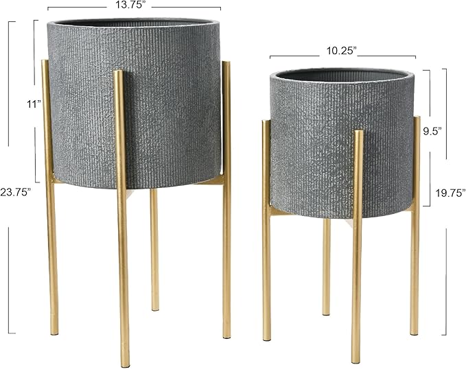 Main + Mesa Modern Boho Embossed Metal Planters with Stands, Charcoal Grey and Gold, Set of 2 Sizes