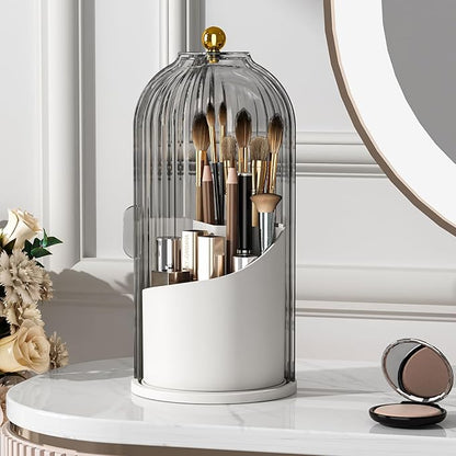 Makeup Brush Holder with Lid 360 Rotating Clear Dustproof Make Up Organizers for Vanity Bathroom Countertop, Gray