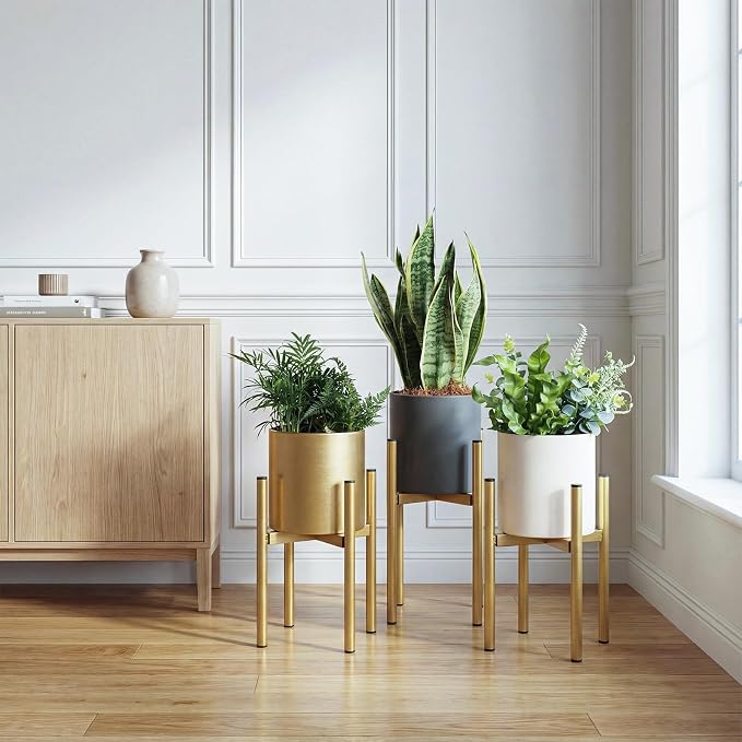 Beige Metal Plant Pot with Drainage Hole,7 Inch Mid Century Modern Small Pot Indoor Outdoor Planters for Succulents, Flowers & Home Decor Gift Window Living Room