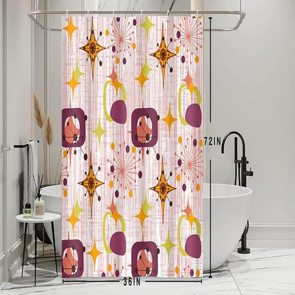 Mid Century Shower Curtain, 36x72inch, Modern Abstract Retro Red Striped Geometric Shower Curtain Sets 1950s Boho Bathroom Shower Curtain with 6 Hooks