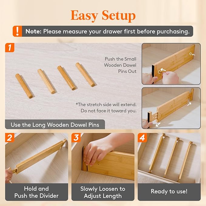 Lifewit 4" High 4 Pack Bamboo Drawer Dividers 43-54cm/17-21.5" Adjustable