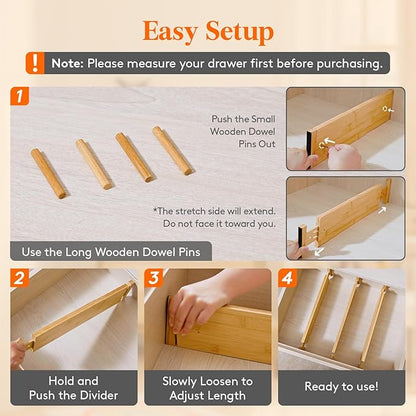 Lifewit 4" High 4 Pack Bamboo Drawer Dividers 43-54cm/17-21.5" Adjustable
