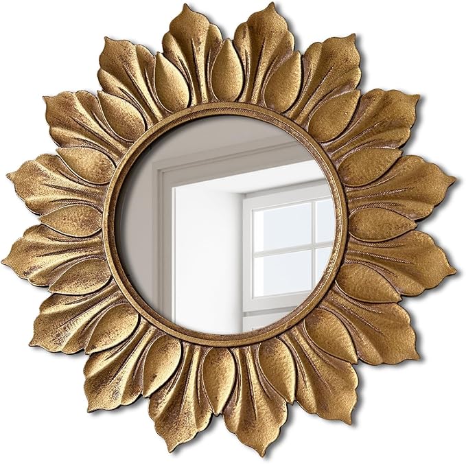 Sunflower Sunburst Wall Mirror, 22" Distressed Gold Wooden Frame, Handcrafted Petal Floral Design, Vintage Farmhouse Style Mirror for Wall Decor for Living Room, Bedroom, Bathroom, Vanity
