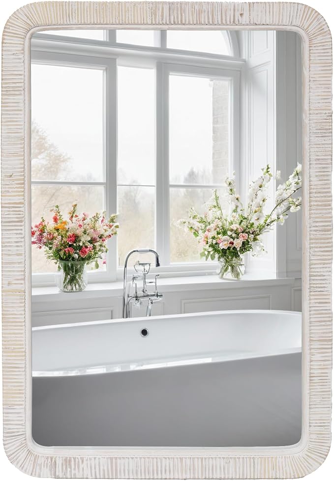 FUIN 20" x 30" Rattan Wicker Rectangle Wall Mounted Bathroom Mirror for Coastal Boho Nursery Decor, White Wash