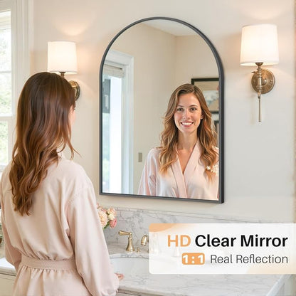 Bathroom Mirror for Wall, 30x20 Inch Arched Mirror, Matte Black Metal Framed Bathroom Vanity Mirrors for Restroom Farmhouse, Anti-Rust, Tempered Glass, Hanging or Leaning