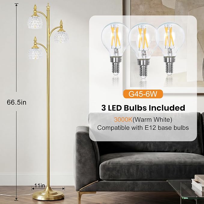Gold Flower Floor Lamp, Dimmable Tree Floor Lamps for Living Room Brass Tall Standing Lamp with 3 Brightness Lights Glass Shades 66.5'' Modern Corner Lamp for Bedroom Office(3LED Bulbs Included)