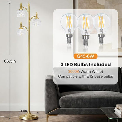 Gold Flower Floor Lamp, Dimmable Tree Floor Lamps for Living Room Brass Tall Standing Lamp with 3 Brightness Lights Glass Shades 66.5'' Modern Corner Lamp for Bedroom Office(3LED Bulbs Included)