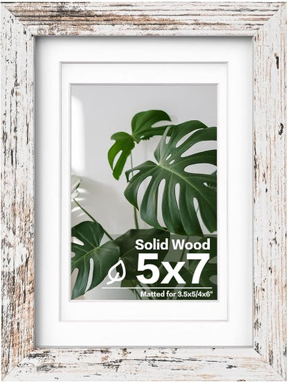 Egofine 5x7 Picture Frame Made of Solid Wood, Covered by Plexiglass Display Pictures 3.5x5/4x6 with Mat or 5x7 Without Mat for Table Top Display and Wall Mounting Photo Frame, Rustic White