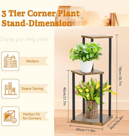 Oppro 3 Tier Corner Plant Stand Indoor, Metal Wood Flower Pot Holder Shelf, Multiple Display Rack Square Table for Living Room Bedroom Orchid Outdoor Balcony Garden Patio, Modern Black & Rustic Brown