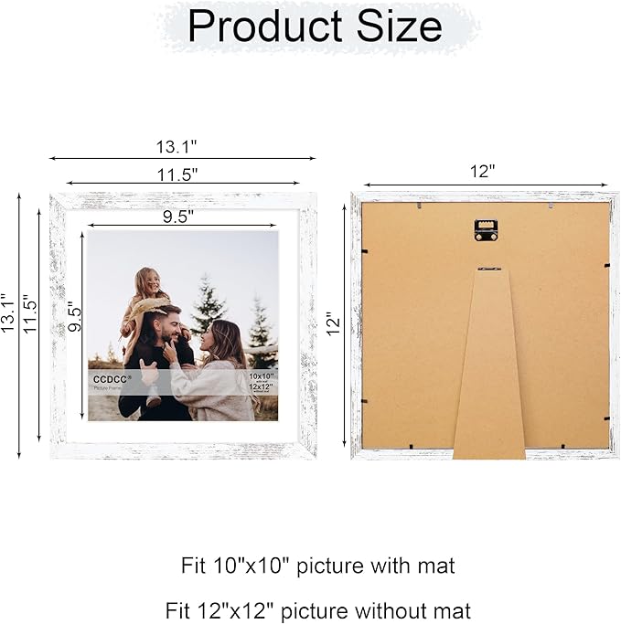 12x12 Picture Frame Set of 4, 12 x 12 Wood Photo Frames with Mat for 10x10 or 30x30cm Diamond Painting Art, Wooden Frame with Real Glass Cover for Wall and Tabletop Display,Distressed White