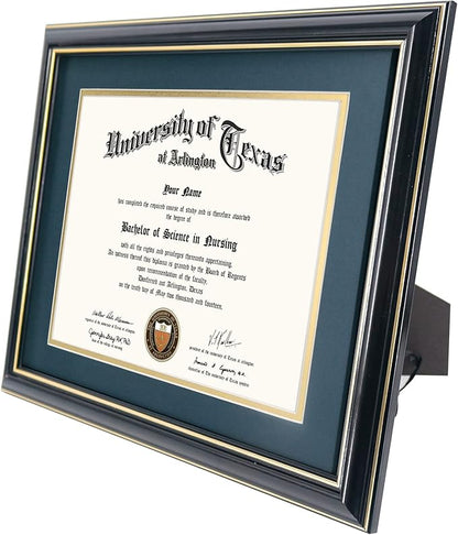GraduationMall 8.5x11 Diploma Frame with Navy over Gold Mat or Display 11x14 Certificate without Mat,Solid Wood & UV Protection Acrylic,Glossy Black Finish with Gold Trim