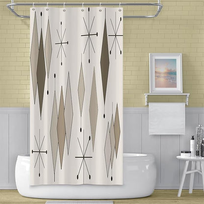 Boho Light Grey Brown Shower Curtain Abstract Mid Century Diamond Geometric Atomic Starburst Pattern Beige for 1950s Retro Bathroom Decor Shower Curtain Set with 12 Hooks, 36x72 Inches