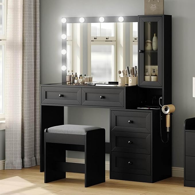 43" W Vanity Desk with Mirror & 11 Lights, 5 Drawer Modern Makeup Desk with Glass top & Cushioned Stool, 3 Lighting Modes Brightness Adjustable,Power Outlet,Bedroom，Black