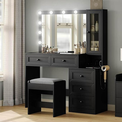 43" W Vanity Desk with Mirror & 11 Lights, 5 Drawer Modern Makeup Desk with Glass top & Cushioned Stool, 3 Lighting Modes Brightness Adjustable,Power Outlet,Bedroom，Black