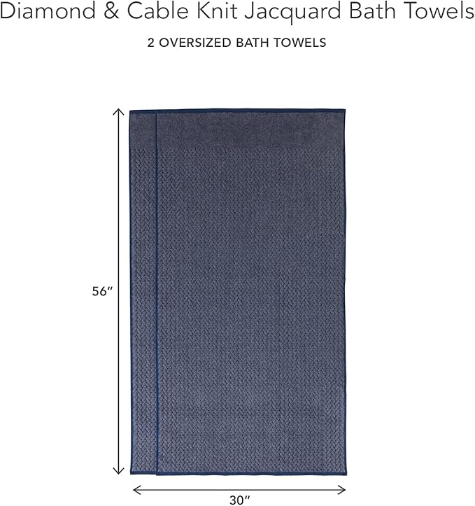 Texere 100% Organic Cotton Jacquard 650 GSM Premium Bath Towel Sets - Extra Absorbent Quick Dry and Plush (Cable, Estate Blue, 2 Bath Towels)