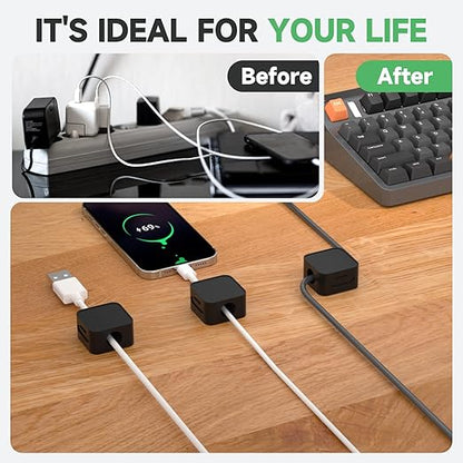 6 Black Magnetic Cable Clips, Under Desk Cable Management, Cord Holder