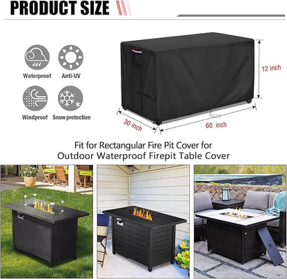 Youlvy Fire Pit Cover Rectangular 60 Inch - Waterproof Outdoor Fire Table Cover Rectangle Heavy Duty, 600D Patio Propane Gas Firepit Cover Rectangular Tear Weather Resistant - 60 x 30 x 12 Inch