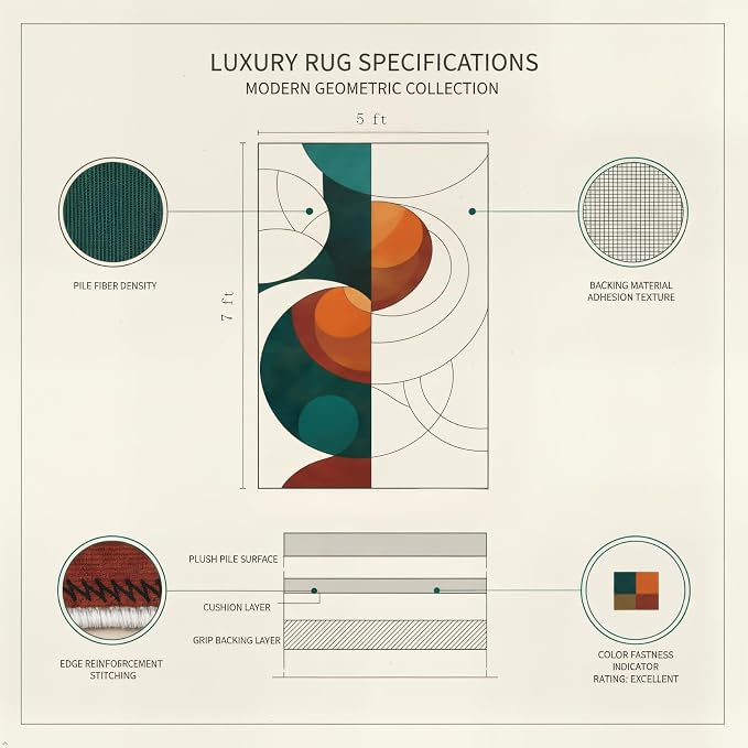 Mid Century Geometric Area Rug 5x7 – Retro Abstract Circle Pattern Rug for Living Room & Bedroom, Low Pile Washable Indoor Rug with Non-Slip Backing