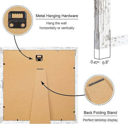 12x12 Picture Frame Set of 4, 12 x 12 Wood Photo Frames with Mat for 10x10 or 30x30cm Diamond Painting Art, Wooden Frame with Real Glass Cover for Wall and Tabletop Display,Distressed White