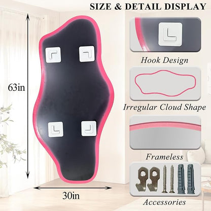 Large Irregular Mirror, 63"x30" Pink Asymmetrical Tempered Glass Mirror Full Length, Organic Frameless Wall Mirrors for Entryway Hallway Bedroom Living Room, Horizontal or Vertical Hanging